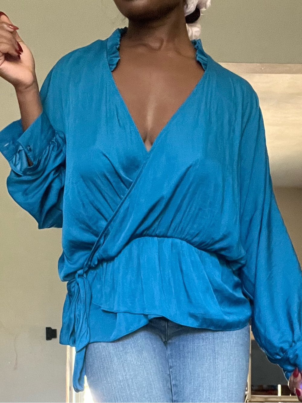 Marc New York Andrew Marc Teal Satin Wrap Blouse Ruffle Peplum Top